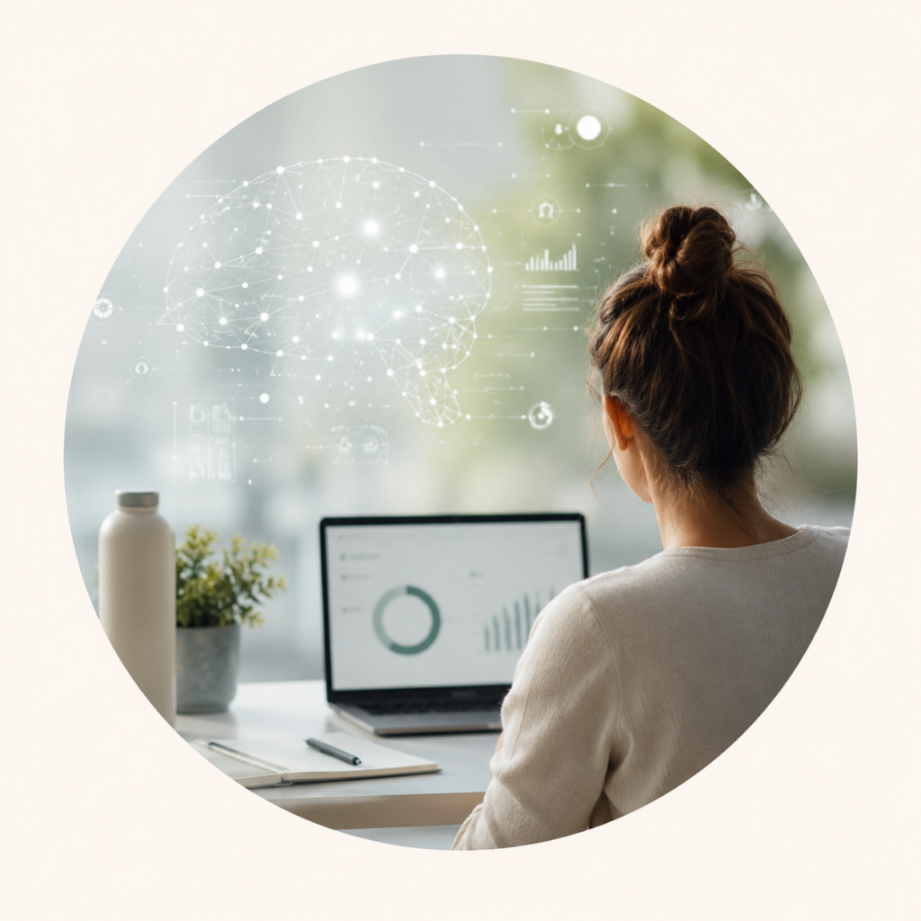 Person arbeitet konzentriert am Laptop, während eine digitale Gehirn-Visualisierung das Thema KI, Fokus und moderne Arbeitswelt symbolisiert.